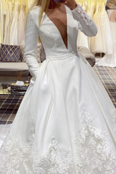 Abito da sposa V-Scollo Autunno Profondo V-scollo Treno della corte