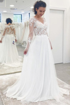 Abito da sposa Shiena Sheer A-Line V-Scollo Semplici Naturale Pizzo