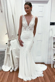 Abito da sposa Chiffon Breve treno Spiaggia Applique Cerniera Corpo a pera