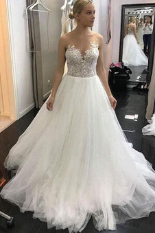 Abito da sposa indietro trasparente Naturale Cappella treno Tulle