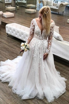 Abito da sposa Maniche Lunghe Multi Strati tessuto A-Line V-Scollo