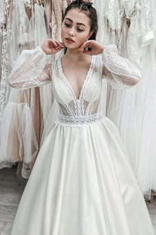 Abito da sposa Illusione maniche Primavera A Terra Raso Applique Scollo a v V