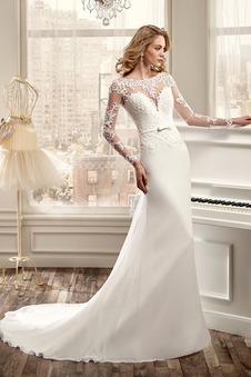 Abito da sposa Applique foglia guaina Maniche Lunghe Chiffon Bateau