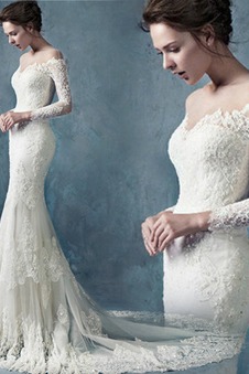 Abito da sposa Pizzo Omerale eleganza Applique Maniche Lunghe Lungo