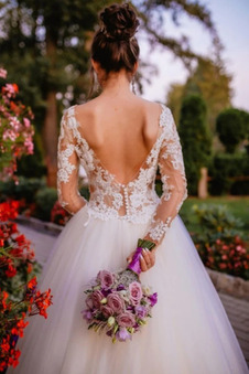 Abito da sposa A-Line Maniche Lunghe Chiesa Perline Pizzo Overlay