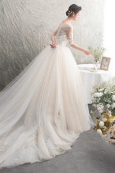 Abito da sposa Tulle Autunno Corpetto ingioiellato Cerniera A-Line