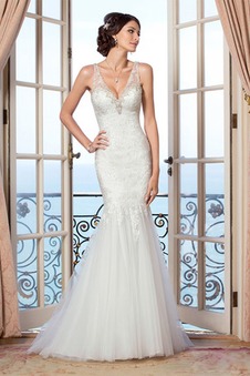 Abito da sposa Sirena Applique V-Scollo All Aperto Senza Maniche Autunno