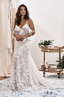 Abito da sposa Autunno Sexy Lungo Profondo scollo a v Senza Maniche