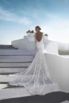 Abito da sposa Pizzo sirena Maniche a 3/4 in pizzo Schiena Nuda Quanto