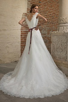 Abito da sposa Scollo a v V Chiesa Lungo A-Line Applique Maniche Corte