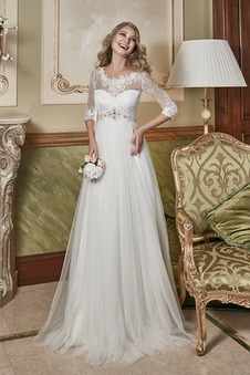 Abito da sposa Applique Maniche a 3/4 Tondo Lungo Cintura di perline