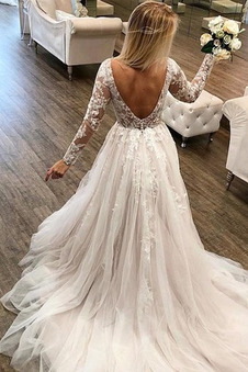 Abito da sposa Maniche Lunghe Multi Strati tessuto A-Line V-Scollo