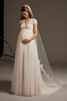 Abito da sposa Buco della serratura Tulle V-Scollo Maniche Corte completo