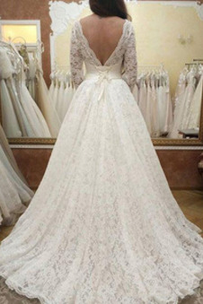 Abito da sposa Pizzo Gonna lunga Eleganti Bow accentati Maniche Lunghe