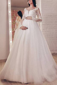 Abito da sposa Maniche Lunghe Formale Naturale Impero Perline Treno di spazzata