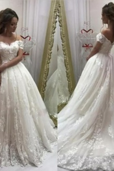 Abito da sposa Pizzo Maniche Corte Collare di spalla Carta Corpo a mela