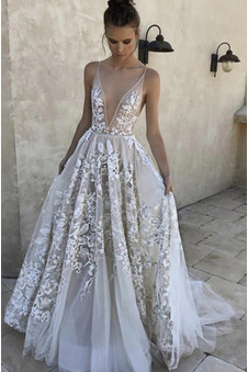 Abito da sposa A-Line Scollo a v V Romantici Applique Naturale unbacked