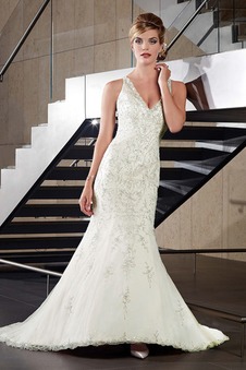 Abito da sposa Sirena Applique Cerniera Senza Maniche V-Scollo Lungo