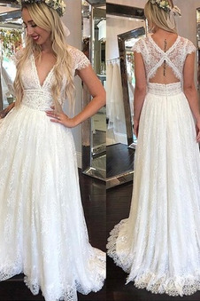 Abito da sposa A-Line V-Scollo Treno di spazzata Senza schienale Autunno