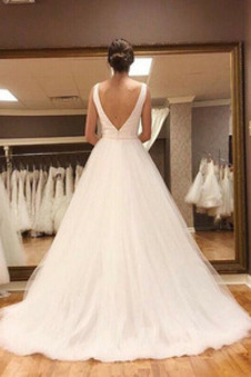 Abito da sposa V-Scollo Tulle Naturale unbacked all'aperto Treno di spazzata