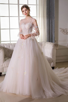 Abito da sposa Tipo standard Caduta Illusione maniche Tulle Naturale