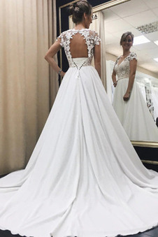 Abito da sposa Semplici Profondo V-scollo Applique Maniche Corte Raso