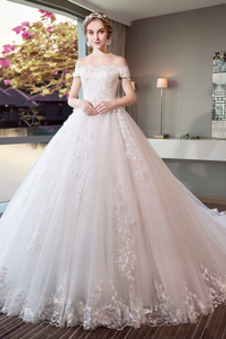 Abito da sposa Super Maniche Corte Fuori dalla spalla Tulle Pizzo Overlay