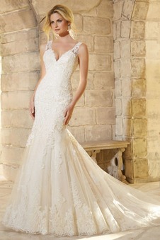 Vestiti da sposa Scollo a V Sirena Formale Naturale Pizzo Lungo