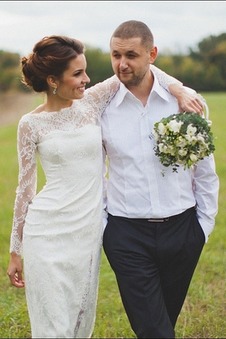 Abito da sposa Pizzo Tubino in pizzo Maniche Lunghe Primavera Quanto