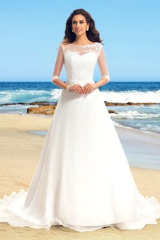 Abito da sposa Bateau Bottone Gonna lunga A-Line Illusione maniche