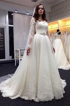 Abito da sposa Pizzo Breve treno Autunno Fuori dalla spalla Naturale