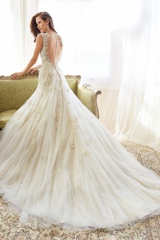 Abito da sposa Scollo a v V Maniche Corte Gonna lunga Cappellini Tulle