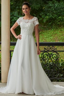 Abito da sposa A-Line Maniche Corte Pizzo Overlay Lungo Chiesa Primavera