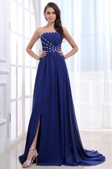 Abito da ballo Breve treno Blu scuro A-Line Chiffon Senza Maniche