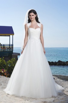 Abito da sposa A-Line Cintura Spiaggia tessuto Shiena Sheer Con Velo