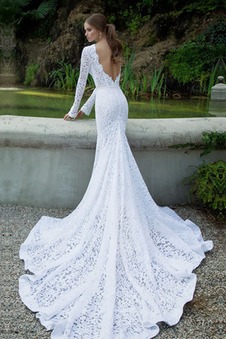 Abito da sposa sirena all'aperto Pizzo Bateau Maniche Lunghe Lungo