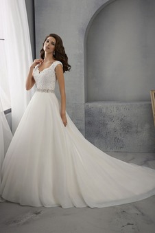 Abito da sposa Cinghia in rilievo Pizzo francese Maniche Corte V-Scollo