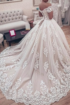 Abito da sposa A-Line Coda lunga maniche ad aletta Pizzo Overlay Collare di spalla Carta