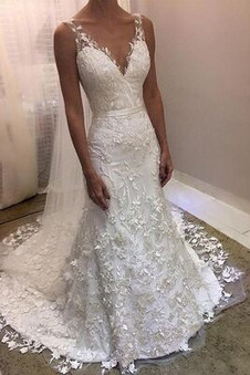 Abito da sposa Eleganti Senza Maniche V-Scollo Lungo Naturale Sirena