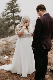 Abito da sposa Profondo scollo a v Pizzo Maniche Lunghe Spiaggia V-Scollo