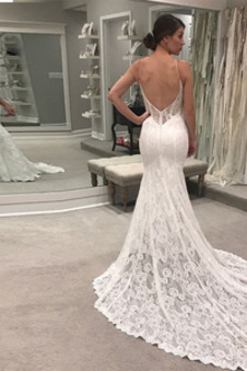 Abito da sposa Pizzo in pizzo Treno di spazzata Scollo a v V Senza Maniche