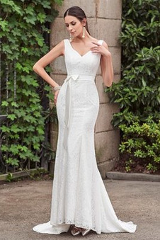 Abito da sposa Pizzo Festoni Petite Scollo a v V Sirena Una linea pavimento lunghezza