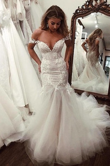 Abito da sposa Pizzo Profondo scollo a v sirena moda maniche ad aletta