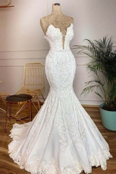 Abito da sposa Sirena Cerniera Tromba Pizzo Overlay Primavera Pizzo