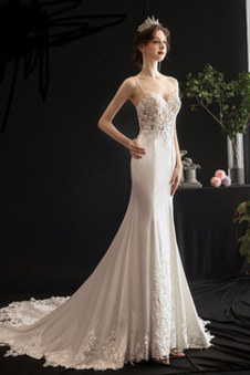 Abito da sposa Sirena Estate Festoni Eleganti Lungo Spaghetti spalline