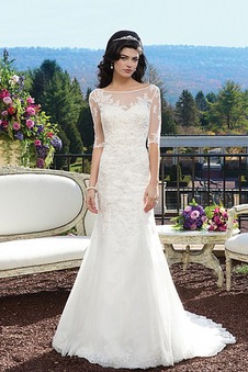 Abito da sposa Pizzo francese Mezze Maniche Mezza Coperta Naturale