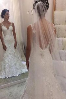 Abito da sposa Eleganti Senza Maniche V-Scollo Lungo Naturale Sirena