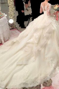 Abito da sposa Pizzo all'aperto Applique Maniche Lunghe Treno della corte