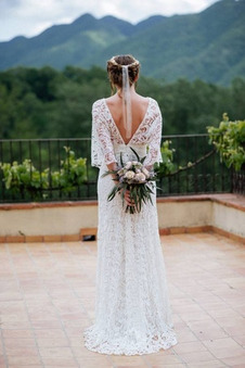 Abito da sposa Eleganti A Terra Profondo scollo a v in pizzo Schiena Nuda