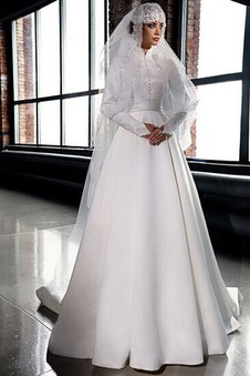 Abito da sposa Alta Coperta Maniche Lunghe Con Velo Raso a linea Lupetto